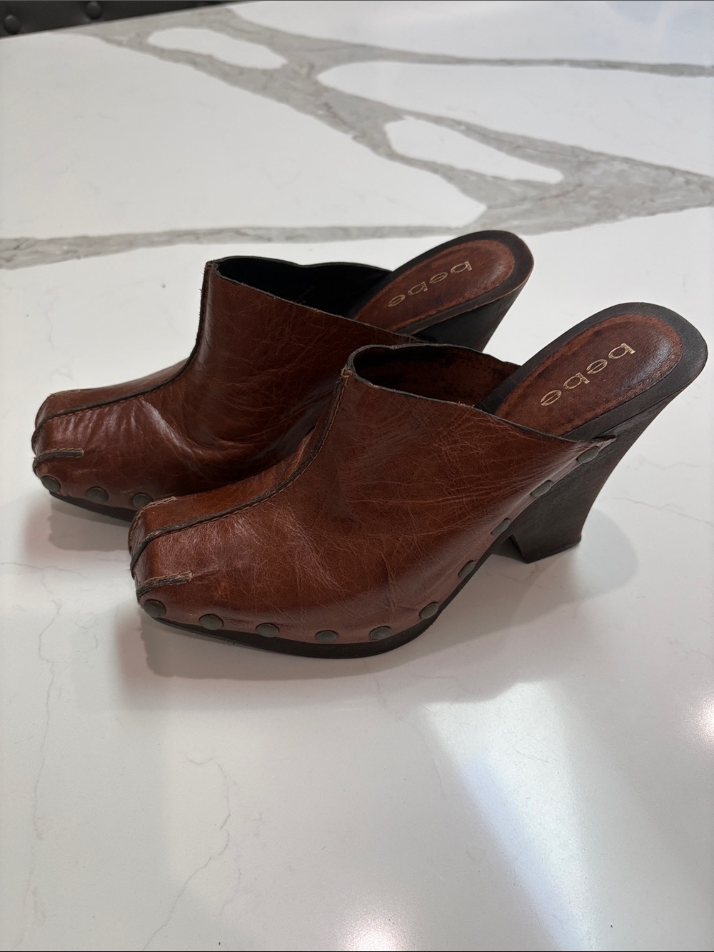 bebe Brown Leather Clog Mules with Stud Accent